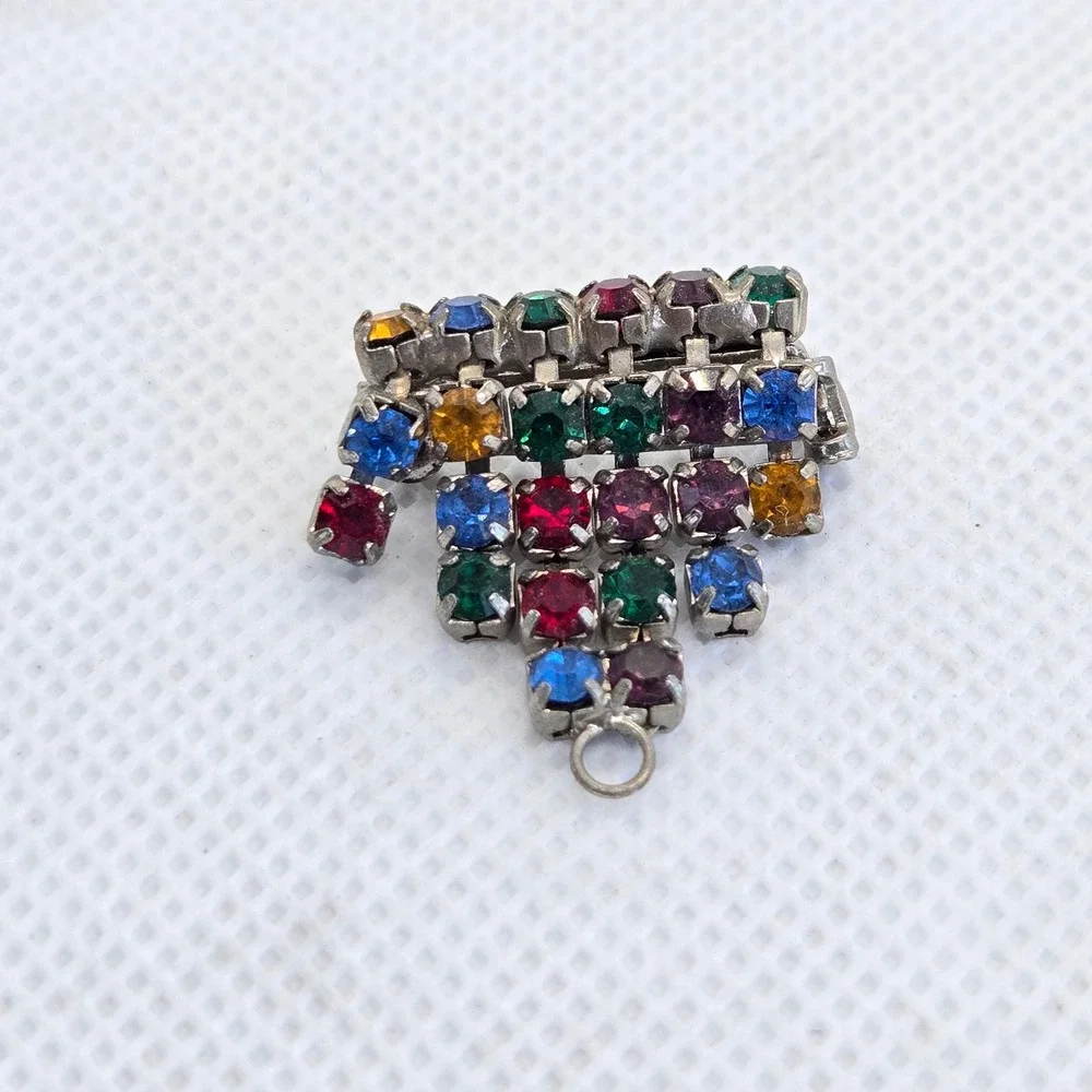 Vintage Multi-Color Rhinestone Dangle Brooch Pin Women OS Silver Swing Retro 1in
